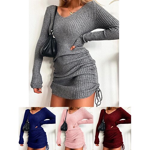 

Damen strickkleid Bodycon Minikleid Schwarz Rosa Wein Langarm Einfarbig Rüschen Frühling Herbst Winter V Ausschnitt Modisch Täglich Urlaub Wochenende 2023 S M L XL XXL 3XL