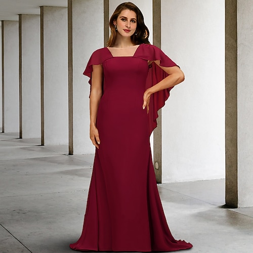 

A sirena Plus Size Curve Abiti per la madre della sposa Vintage Vestito Formale Strascico a terra Manica corta Con decorazione gioiello Chiffon con Con balze Con applique 2023