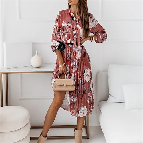 

Robe mi-longue Femme Robe casual manche longue Eté Printemps - Mode Romantique Plissé Imprimer Graphic Col Ras du Cou 2023 Noir Rose Claire S M L XL 2XL