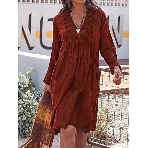 

Women's Casual Dress Linen Dress Mini Dress Black Blue Orange Long Sleeve Pure Color Ruched Winter Fall Spring V Neck Classic Daily Weekend 2023 S M L XL 2XL 3XL 4XL 5XL