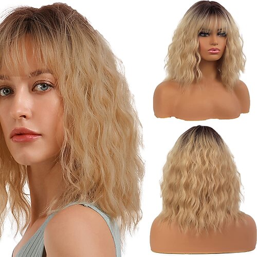

14 pollici 1b27 parrucche ondulate corte ombre miele biondo bob parrucche di capelli sintetici con frangia per le donne parrucca da nero freddo a biondo chiaro ombre parrucche di capelli corti