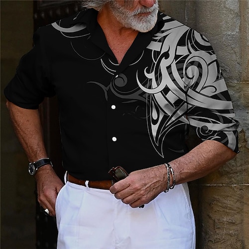 

Men's Shirt Graphic Prints Totem Turndown White Yellow Green Gray Outdoor Street Long Sleeve Button-Down Print Clothing Apparel Sports Fashion Streetwear Designer