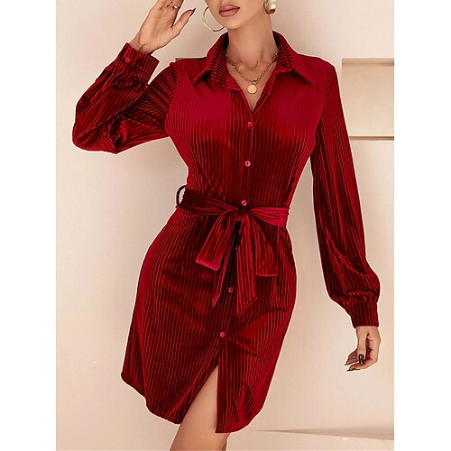 

Women's Velvet Dress Work Dress Shirt Dress Mini Dress Wine Long Sleeve Pure Color Lace up Winter Fall Spring Shirt Collar Fashion 2023 S M L XL