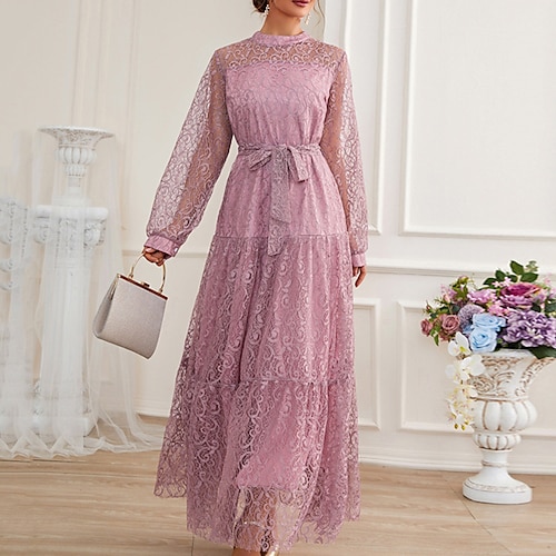 

Damen abendkleider Spitzenkleid Schaukelkleid kleid lang Rosa Wein Langarm Einfarbig mit Schnürung Winter Herbst Frühling Stehkragen Modern Party Abendgesellschaft Frühlingskleid 2023 S M L XL