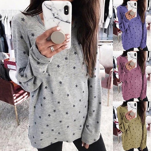 

Women's T shirt Tee Red Purple Khaki Star Print Long Sleeve Daily Weekend Basic Round Neck Regular Painting S