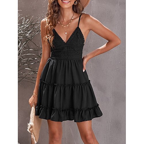 

Women's Casual Dress Swing Dress Slip Dress Mini Dress Black White Yellow Sleeveless Pure Color Ruffle Spring Summer Spaghetti Strap Classic Daily Date 2022 S M L XL 2XL