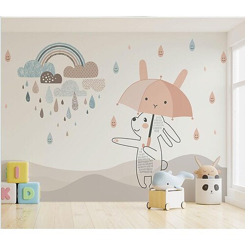 

Papel tapiz nórdico simple de dibujos animados para dormitorio, mesita de noche, habitación cálida para niños y niñas, papel tapiz de conejo con paraguas, mural