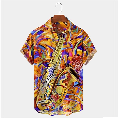 

Homens Camisa Social Estampas Abstratas Instrumento Musical Aberto para a Lateral Amarelo Impressão 3D Ao ar livre Rua Manga Curta Botão para baixo Imprimir Roupa Tropical Moda Designer Havaiana