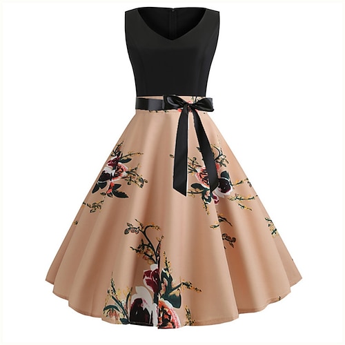 

Women's Vintage Dress Swing Dress Mini Dress Black Red Green Sleeveless Floral Bow Spring Fall Winter V Neck Fashion Vacation Summer Dress 2023 S M L XL XXL