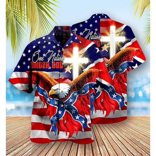 

Men's Shirt Summer Hawaiian Shirt Graphic Prints Eagle American Flag Turndown Blue Casual Holiday Short Sleeve Button-Down Print Clothing Apparel Tropical Fashion Hawaiian Soft