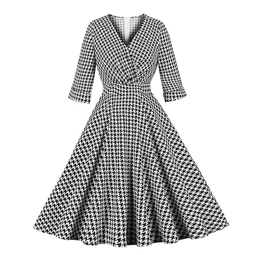 

Mulheres Vestido antigo Minivestido Preto e Branco Manga Longa Houndstooth Franzido Inverno Outono Primavera Decote V Moda Férias Final de semana 2023 S M L XL XXL 3XL 4XL