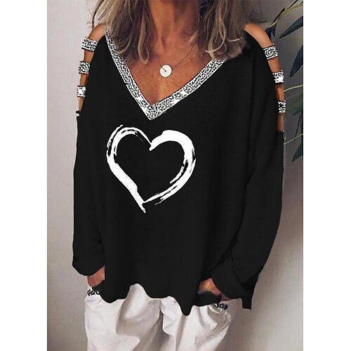 

Women's T shirt Tee Black Blue Grey Heart Print Long Sleeve Valentine Weekend Basic V Neck Regular Painting S