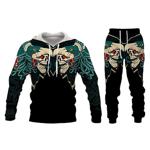 

Men's Tracksuit Hoodies Set Black And White Black Black Green Hooded Graphic Skull 2 Piece Print Sports Outdoor Casual Sports 3D Print Basic Streetwear Casual Fall Spring Clothing Apparel Hoodies