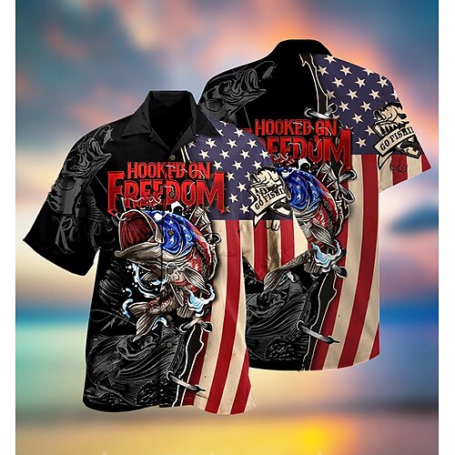 

Men's Shirt Summer Hawaiian Shirt Letter Graphic Prints Fish American Flag Turndown Black Casual Holiday Short Sleeve Button-Down Print Clothing Apparel Tropical Fashion Hawaiian Soft