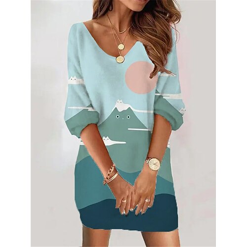 

Women's Casual Dress Shift Dress Mini Dress Light Green Blue Green 3/4 Length Sleeve Graphic Print Winter Fall Spring V Neck Fashion Daily Loose Fit 2023 S M L XL XXL 3XL