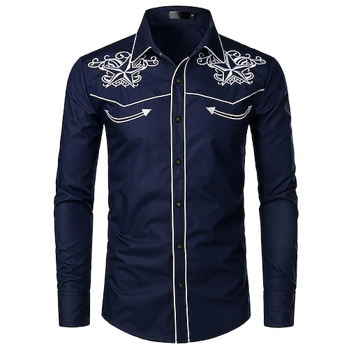 

herre cowboyskjorte klassisk krage grafisk fest klubb ferie uformelt trykk langermet regular fit topper mote western stil hvit svart marineblå høst komfortabel