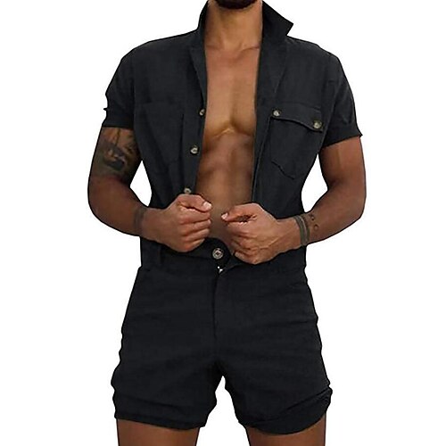 

Men's Jumpsuit Casual Shorts Zipper Pocket Plain Comfort Casual Daily Holiday Cotton Blend Streetwear Stylish Black Army Green