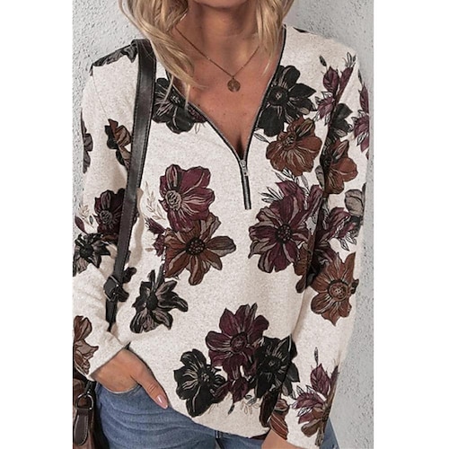 

Women's T shirt Tee White Blue Purple Floral Quarter Zip Print Long Sleeve Holiday Weekend Basic V Neck Regular Floral Painting S