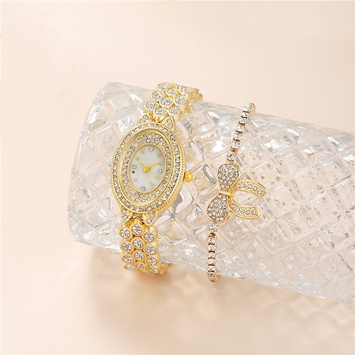 

Fashion Quartz Watch for Women Full Diamond Oval Shape Butterfly Bracelet Luxury Casual Rhinestone Wristwatch