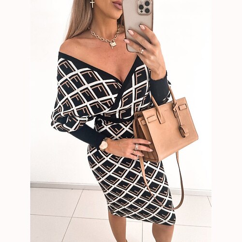 

Mujer Corte Bodycon Vestido tubo Vestido de fiesta de graduación Mini vestido Negro Beige Manga Larga Geométrico Retazos Invierno Otoño Primavera Escote en V Profunda caliente Cita 2022 XS S M L XL