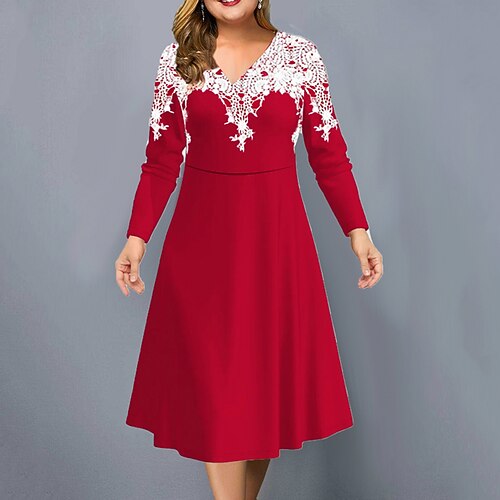 

Women's Casual Dress Work Dress Swing Dress Midi Dress Black Wine Long Sleeve Flower Print Winter Fall Spring V Neck Fashion Office Daily Weekend 2022 S M L XL 2XL 3XL 4XL 5XL 6XL
