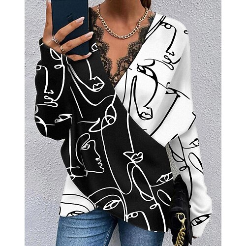 

Women's Shirt Blouse Black Blue Gray Chains Print Print Long Sleeve Casual Daily Basic V Neck Regular S