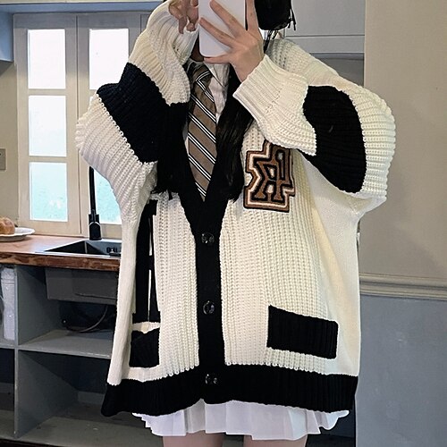 

Women's Cardigan Sweater Jumper Waffle Knit Hollow Out Button Letter V Neck Casual Daily Weekend Winter Fall Black White One-Size