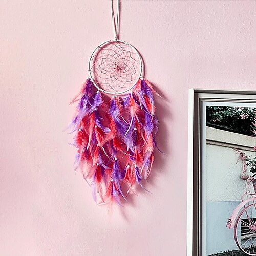 

Pink Dream Catcher Handmade Gift with Single Ring Pink Feather Wall Hanging Decor Art Wind Chimes Boho Style Car Hanging Home Pendant 16x60cm/6.3''x24''