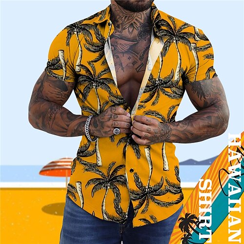 

Men's Shirt Summer Hawaiian Shirt Coconut Tree Graphic Prints Turndown Yellow Blue Street Casual Short Sleeves Button-Down Print Clothing Apparel Tropical Fashion Hawaiian Designer