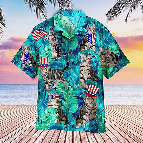 

Men's Shirt Summer Hawaiian Shirt Flag Floral Cat Graphic Prints Turndown Blue Casual Holiday Short Sleeve Button-Down Print Clothing Apparel Tropical Fashion Hawaiian Soft
