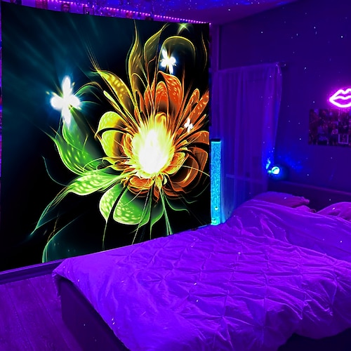 

floral datura blacklight uv reaktiv stor veggteppe kunst dekor teppe gardin piknik duk hengende hjem soverom stue sovesal dekorasjon polyester