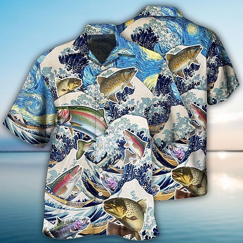 

Men's Shirt Summer Hawaiian Shirt Graphic Prints Waves Fish Turndown Blue Casual Holiday Short Sleeve Button-Down Print Clothing Apparel Tropical Fashion Hawaiian Soft