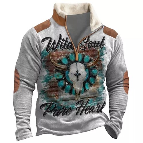 

Men's Zip Up Sweatshirt Pullover Gray Half Zip Animal Bohemian Style Graphic Prints Zipper Print Daily Sports Going out 3D Print Basic Casual Thin fleece Winter Clothing Apparel Hoodies Sweatshirts