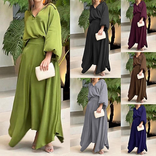 

Women's Shirt Skirt Sets Skirt Basic claret Black Casual Daily Solid Color V Neck S M L XL 2XL