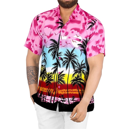 

Men's Shirt Summer Hawaiian Shirt Coconut Tree Graphic Prints Turndown Pink Outdoor Street Short Sleeves Button-Down Print Clothing Apparel Tropical Fashion Hawaiian Designer