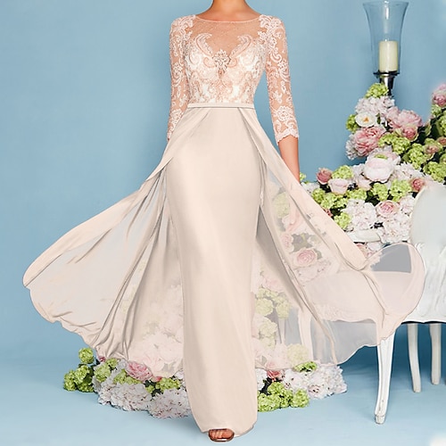 

A tubino Abito da cerimonia per signora Invitati del matrimonio Lussuoso Elegante Girocollo Lungo Chiffon Di pizzo Manica a 3/4 con Perline Con applique 2023