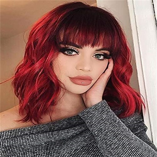 

korte bølgete røde parykker for kvinner rød parykk med smell kort krøllete bob parykker naturlig utseende varmebestandig fiberparykk for daglig fest halloween kostyme cosplay parykker