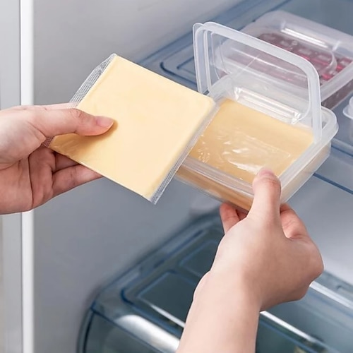 

Caja de almacenamiento con tapa para rebanadas de queso, cubos de mantequilla, estuche transparente, organizador de refrigerador para cebolla, jengibre, ajo, fruta, crujiente