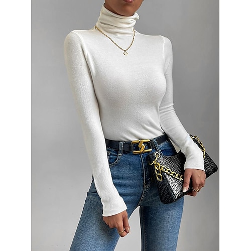 

Women's Shirt Blouse White Plain Crochet Long Sleeve Casual Basic High Neck Regular S