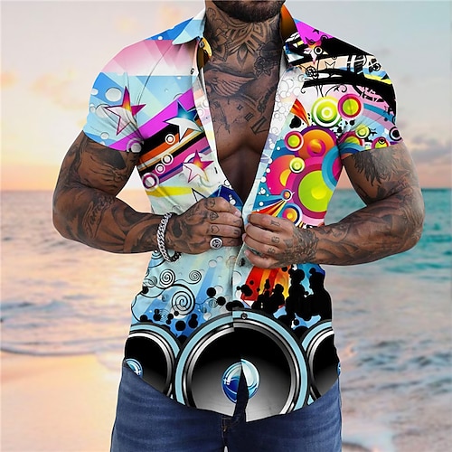 

Hombre Camisa Estampados Importante Instrumento musical Cuello Vuelto Amarillo Azul Piscina Impresión 3D Calle Diario Mangas cortas Abotonar Estampado Ropa Tropical Moda Design Hawaiano