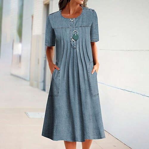 

Women's Denim Dress Midi Dress Blue Short Sleeve Pure Color Ruched Winter Fall Spring Crew Neck Fashion Daily Vacation Weekend 2022 S M L XL XXL 3XL