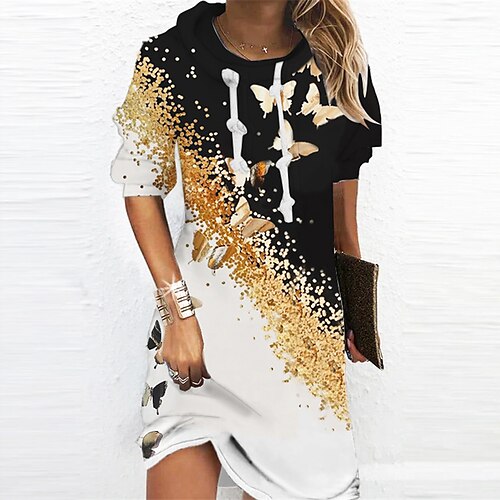 

Women's Casual Dress Hoodie Dress Shift Dress Mini Dress Gold Long Sleeve Animal Print Winter Fall Spring Hooded Fashion Daily 2022 S M L XL XXL 3XL