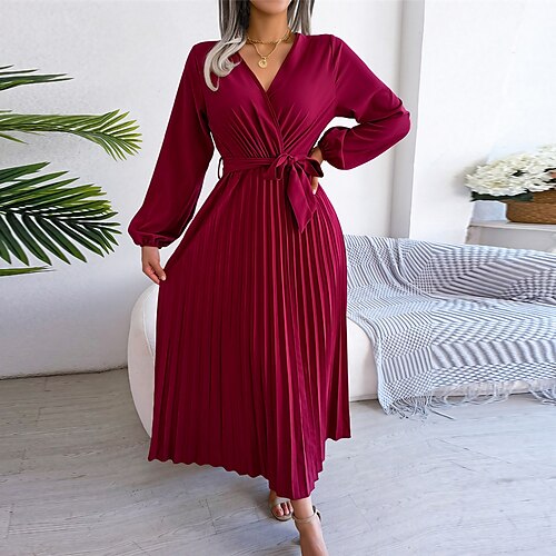 

Damen Casual kleid Schaukelkleid kleid lang Schwarz Rote Königsblau Langarm Einfarbig mit Schnürung Winter Herbst Frühling V Ausschnitt Modisch Täglich 2023 S M L XL