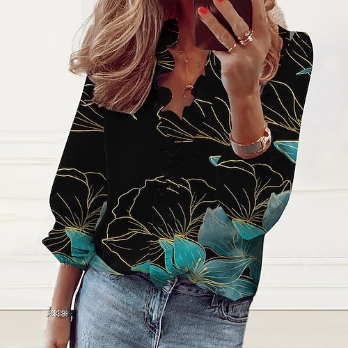 

Women's Shirt Blouse Black White Yellow Floral Ruffle Print Long Sleeve Casual Holiday Basic V Neck Regular Floral Lantern Sleeve S