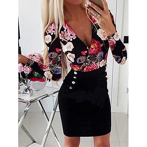 

Women's Work Dress Bodycon Sheath Dress Mini Dress Black Long Sleeve Flower Pocket Spring Fall Winter V Neck Fashion Office 2023 S M L XL XXL 3XL