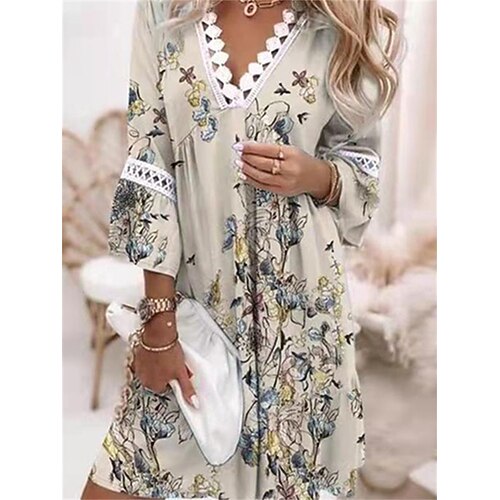 

Women's Casual Dress Swing Dress Floral Dress Mini Dress Blue Gray 3/4 Length Sleeve Graphic Smocked Winter Fall Spring V Neck Fashion Daily Vacation Fall Dress Loose Fit 2023 S M L XL 2XL 3XL