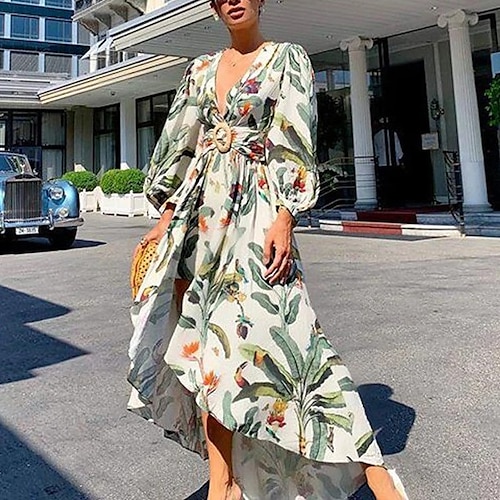 

Women's Casual Dress Sheath Dress Long Dress Maxi Dress Green Long Sleeve Graphic Ruched Winter Fall Spring Deep V Classic Daily Date 2023 S M L XL 2XL