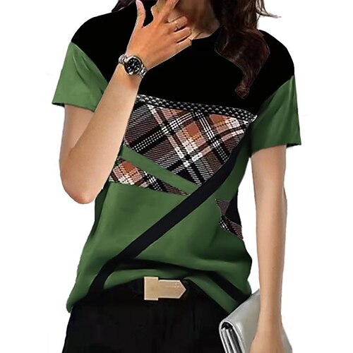 

Women's T shirt Tee Wine Blue Green Plaid Color Block Print Short Sleeve Daily Weekend Basic Round Neck Regular Painting S