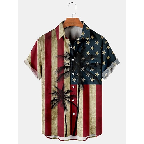 

Men's Shirt Coconut Tree Graphic Prints National Flag Turndown Navy Blue 3D Print Outdoor Street Short Sleeves Button-Down Print Clothing Apparel Tropical Fashion Hawaiian Designer