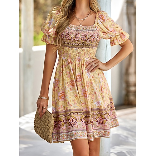 

Women's Casual Dress Tiered Dress Floral Dress Mini Dress Teal Yellow Orange Short Sleeve Floral Print Spring Summer U Neck Fashion Loose Fit 2023 S M L XL